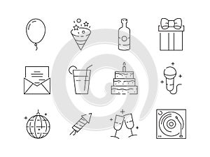 Party thin icons. Event celebration birthday fun entertainment party balls and cakes vector linear symbols isolated