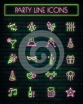 Party thin neon glowing line icons set.vector illustration