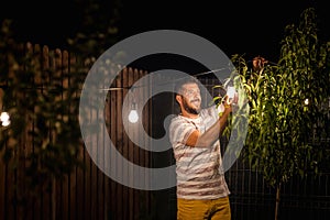 Party time in backyard with happy man hanging string lights in trees