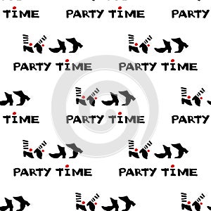 Party time icon and calligraphy. Seamless pattern of dancing feet. Vector Illustration.