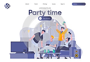 Party time landing page with header. Happy friends having fun, talking and drinking, playing video games scene. Students relax and