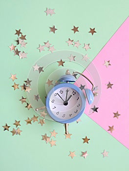 Party Time Layout with Little Blue Clock and Silver Confetti.