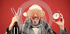 party time. time for winter holidays. bearded man celebrating xmas party. happy new year. businessman santa hat with