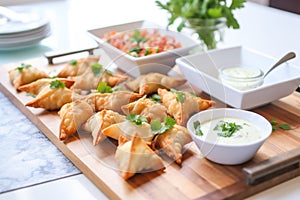 party tray of samosas with yogurt dip, garnished with parsley