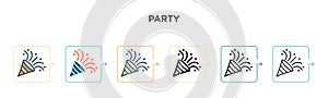 Party vector icon in 6 different modern styles. Black, two colored party icons designed in filled, outline, line and stroke style