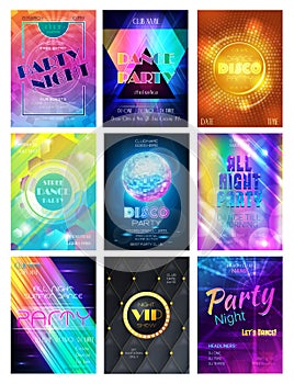 Party vector pattern disco club or nightclub poster background and night clubbing or nightlife backdrop illustration set
