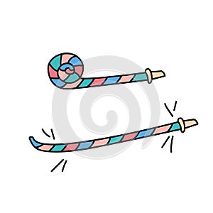 Party whistle vector isolated illustration. Funny party blower rolled and unrolled. Birthday accessory. Bday noise maker doodles.