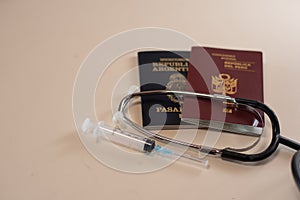 Passport on background, health and prevention coronavirus, medicine, migration photo