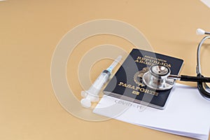 passport on background, health and prevention coronavirus, medicine, migration photo