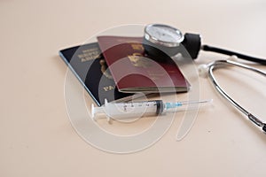 Passport on background, health and prevention coronavirus, medicine, migration photo