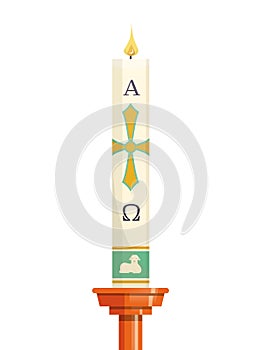Paschal candle for Easter vigil of Holy Week above wooden candlestick