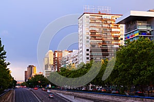 Paseo de la Castellana in evening. Madrid , Spain