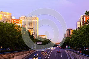 Paseo de la Castellana in sunset time. Madrid