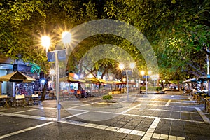 Paseo Sarmiento pedestrian street at night - Mendoza, Argentina