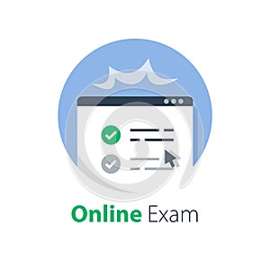 Pass online exam, knowledge review, distant learning, complete course, internet education, fill out e-form