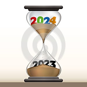 Passage concept from 2023 to 2024, with the countdown symbolized by an hourglass.