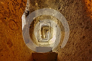 Passage interior in ancient underground city of Kaymakli. Cappadocia, Turkey
