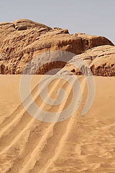 Passage of the jeep in the dunes,wadi Rum