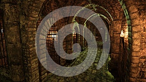 Passage in an old medieval castle dungeon with a row of empty jail cells. 3D illustration