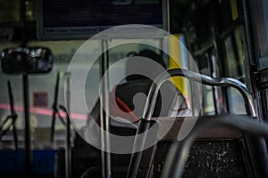 Passage between seats on Thai buses. Traveling in Bangkok by bus.