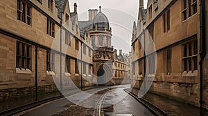 Passage street leading among the ancient buildings in the center of cambridge city, empty on a cold rainy december day