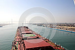 Passage through the Suez Canal by large sea vessels.