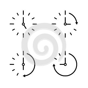Passage of time icon. Countdown concept. Clock ticking clockwise. Set icon of speed in time. Round black chronometer. Deadline