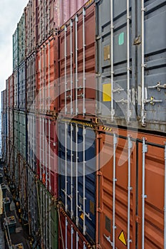 Passageway between container rows stacked on deck of the container ship