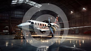 Passanger modern aircraft in the hangar. Generative AI