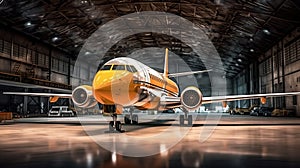 Passanger modern aircraft in the hangar. Generative AI