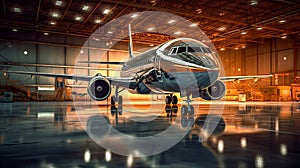 Passanger modern aircraft in the hangar. Generative AI