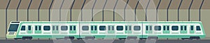 Passanger modern electric high-speed train. Railway subway or metro transport in tunnel. Underground train Vector