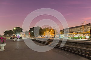 Passanger train station in the twilight.