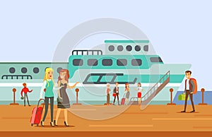 Passangers Boarding A Cruise Liner, Part Of People Taking Different Transport Types Series Of Cartoon Scenes With Happy