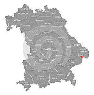 Passau city red highlighted in map of Bavaria Germany