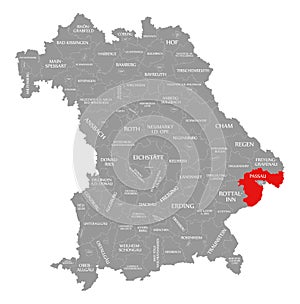 Passau county red highlighted in map of Bavaria Germany