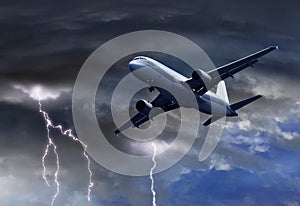 Passenger air plane approaching thunder storm