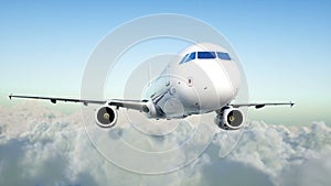 Passenger airbus a321 flying in the clouds. Travel concept. Realistic 4K animation.