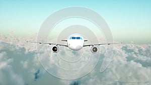 Passenger airbus flying in the clouds. Travel concept. Realistic 4K animation.
