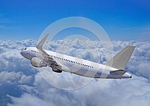 Passenger aircraft flies over clouds, the whole silhouette