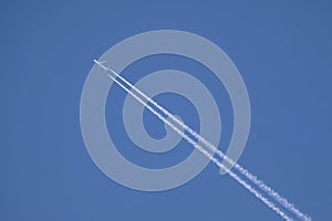 Passenger aircraft flying high in blue sky