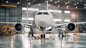 Passenger aircraft on maintenance of engine and fuselage repair in airport hangar