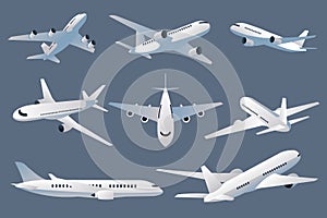 Passenger aircraft mega set elements in flat design. Vector illustration