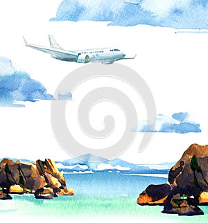 Passenger airplane in blue sky and cloud, flying jet, airliner landing over the sea, travel or vacation concept, hand