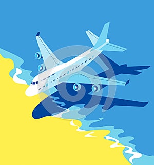 Passenger airplane in blue sky and cloud, flying jet, airliner landing over the sea and tropical beach, travel or