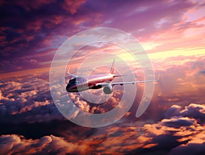Passenger airplane flies in blue sky with dramatic sunset pink clouds. Concept of airline companies, travel, plane transportation