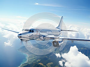 Passenger airplane flies in blue sky with dramatic white clouds. Concept of airline companies, travel, plane transportation,