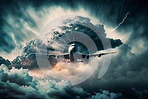 Passenger airplane flies up in sky with thunderous clouds AI Generated