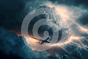 Passenger airplane flies up in sky with thunderous clouds AI Generated