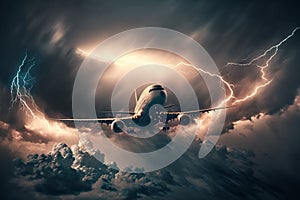 Passenger airplane flies up in sky with thunderous clouds AI Generated